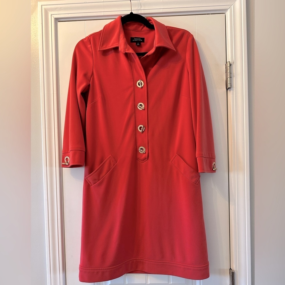 Tahari ASL Coral Toggle Shirt Dress Size 2
